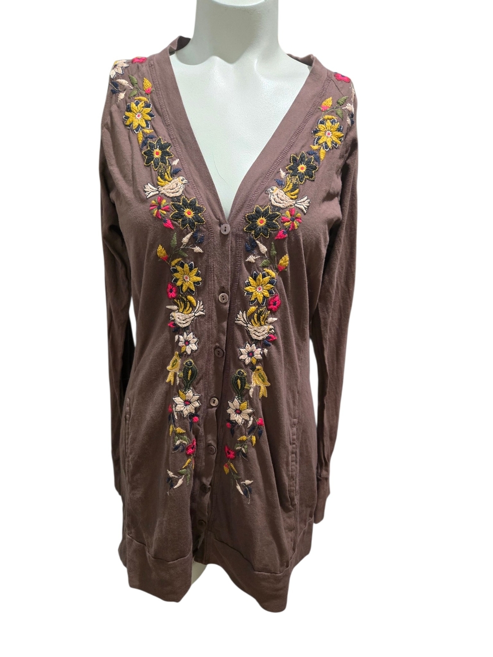 JW Los Angeles Johnny Was Embroidered Bird Floral Cardigan S Brown Boho